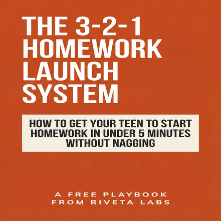 Promotional graphic for 'The 3-2-1 Homework Launch System' with text on an orange background.