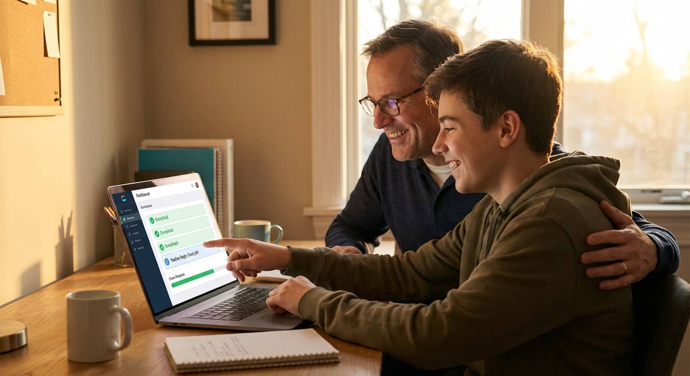 Man and young boy using a laptop together in a home office setting