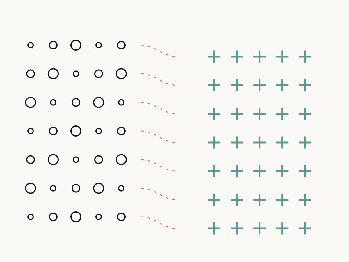 Rows of rings shift into offset crosses across a narrow seam, representing an ADHD daily routine checklist.