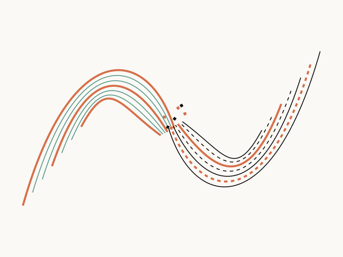 Opposing arc sequences interlock through a narrow central cadence, representing adhd homework system.