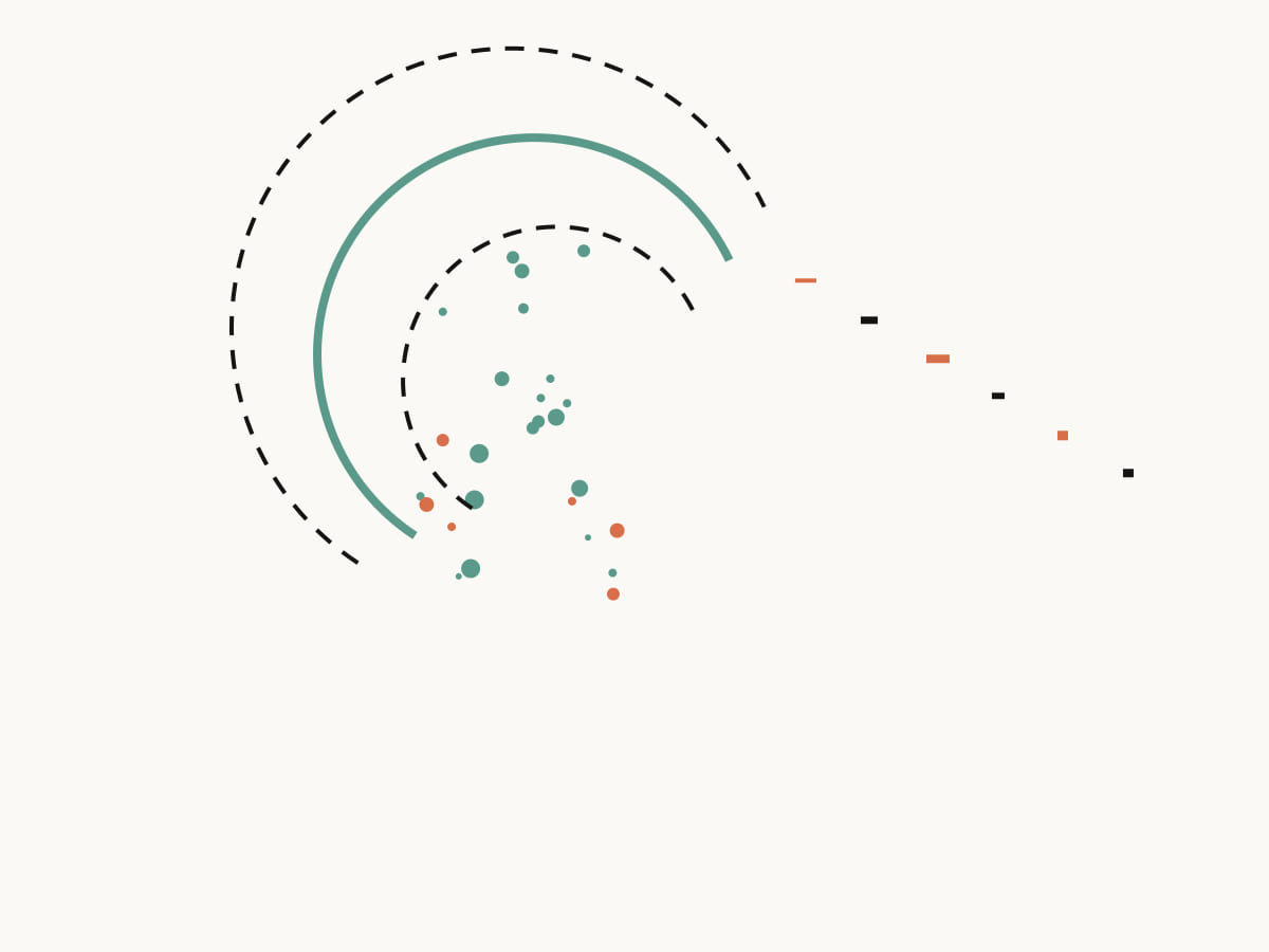 Broken concentric arcs shelter a cluster of colored marks while a small signal escapes, representing protective and hidden paths in ADHD lying about homework.