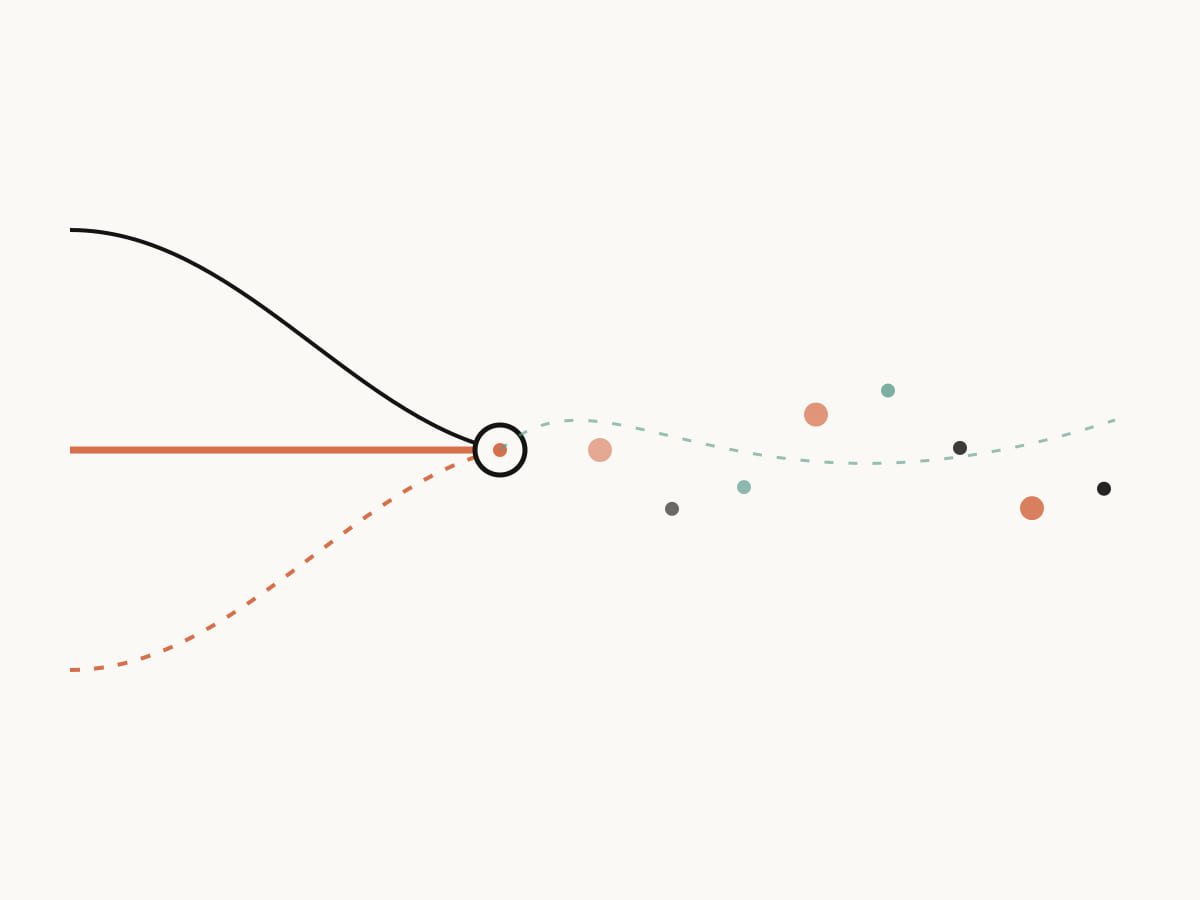 Three held guide paths meet one handoff point before a repeating sequence continues on its own, representing an ADHD morning routine checklist for parents.