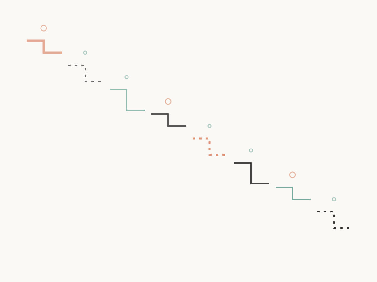 A diagonal sequence of route fragments hands motion forward while earlier turns remain above it, representing an ADHD morning routine.