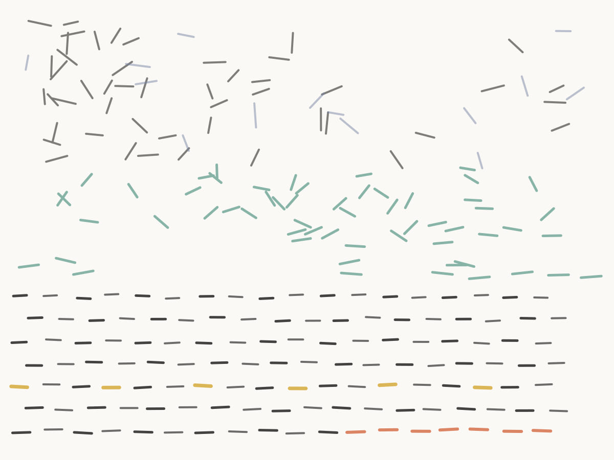 Scattered ticks settle downward into ordered rows, representing done but not submitted assignment.