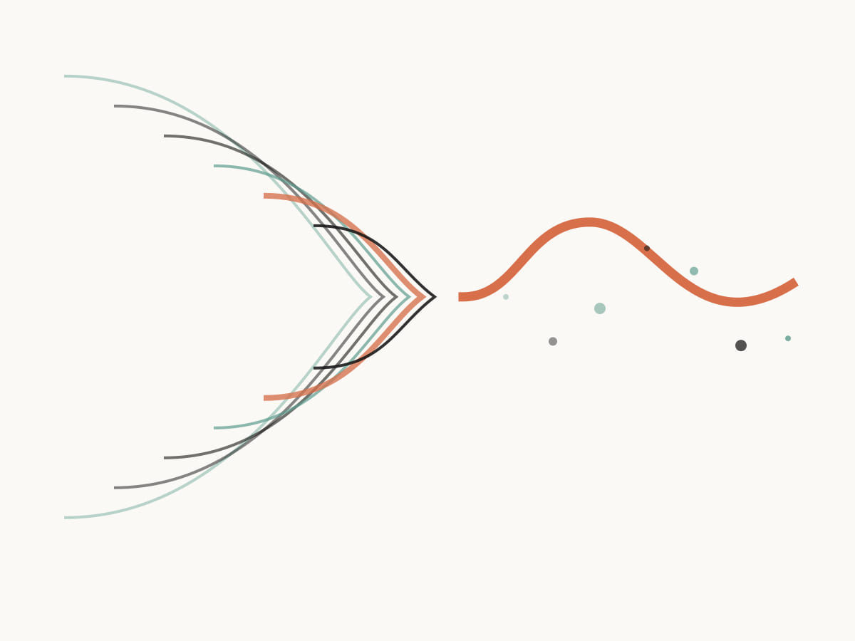 Nested contours compress into one quick moving line, representing how to help ADHD paralysis begin with a first step.