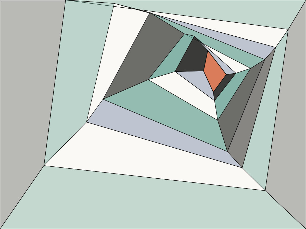 Faceted walls twist inward toward one off-center opening, representing text or app reminders for teens.