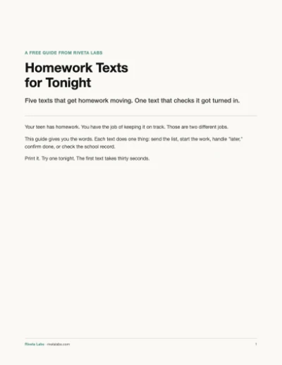 Cover page of Homework Texts for Tonight showing the five texts that get homework started and the one that checks it got turned in.