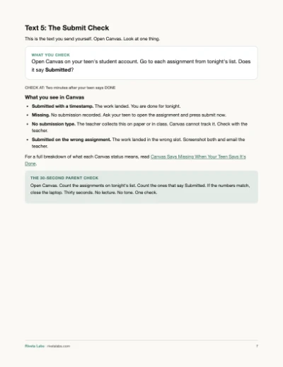 The submit check page showing how to open Canvas and confirm the assignment says Submitted.